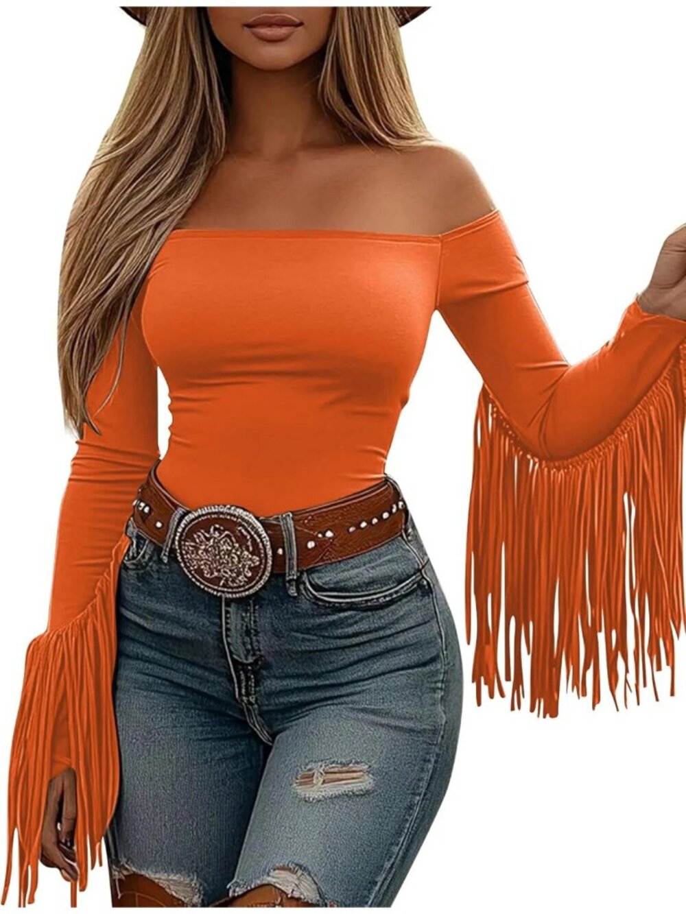 Women's Orange Stretchy Crop Off Shoulder Concert Cowgirl Fringe Tassel Blouses